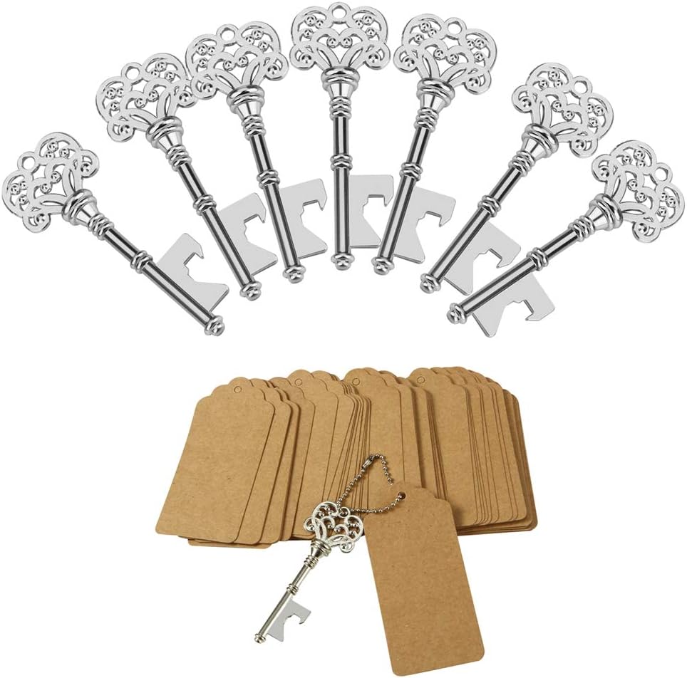 DerBlue 60 PCS Key Bottle Openers,Vintage Skeleton Key Bottle Opener,Skeleton Key Bottle Openers Wedding Favors Rustic Decoration with Escort Tag Card (Silver)