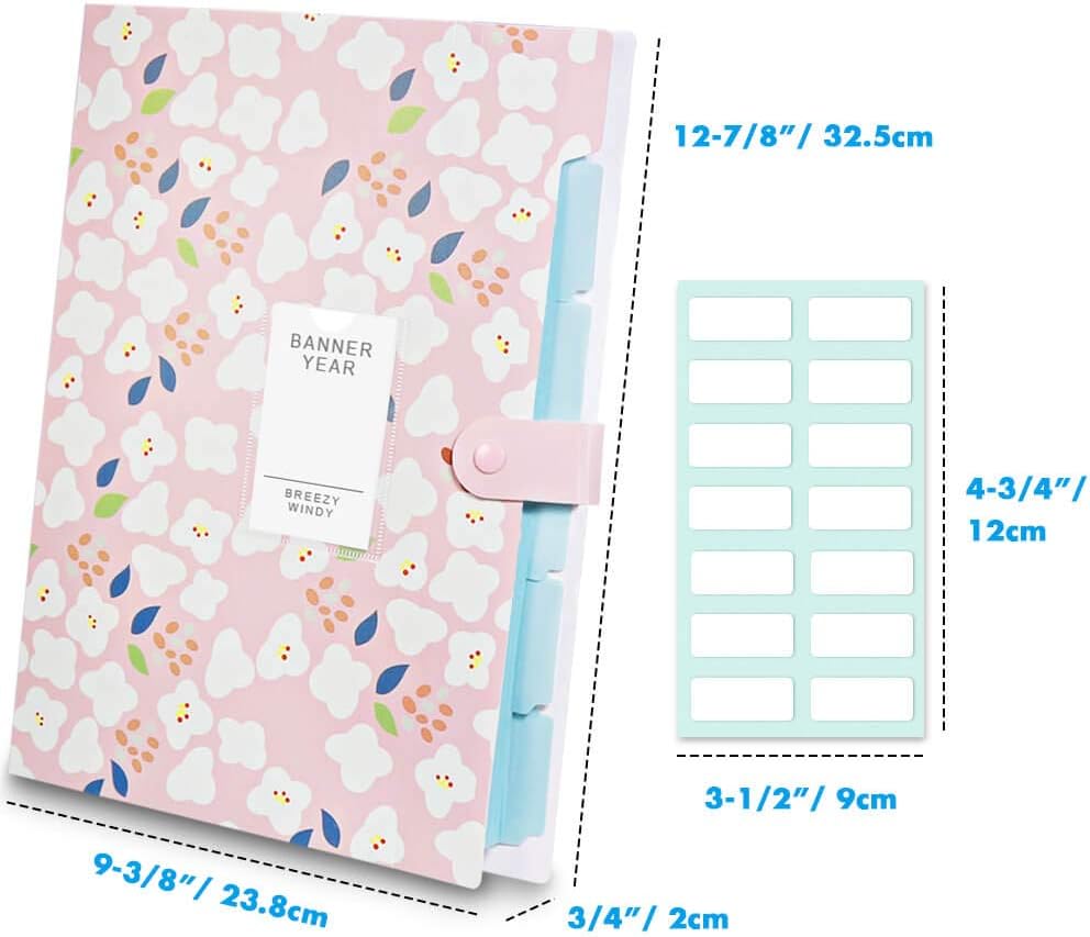 Selizo 6 Pcs File Organizer Expanding with 5 Pockets, Plastic A4 Size Office File Folders Organizer and 168 Pcs Labels for School Teacher Office Documents