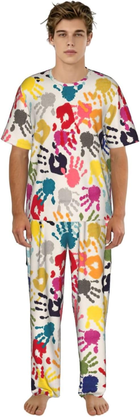 Men'S 2 Piece Loungewear Pajama Set Hand Print Print Short Sleeve Tee Top And Pants Set S-3xl