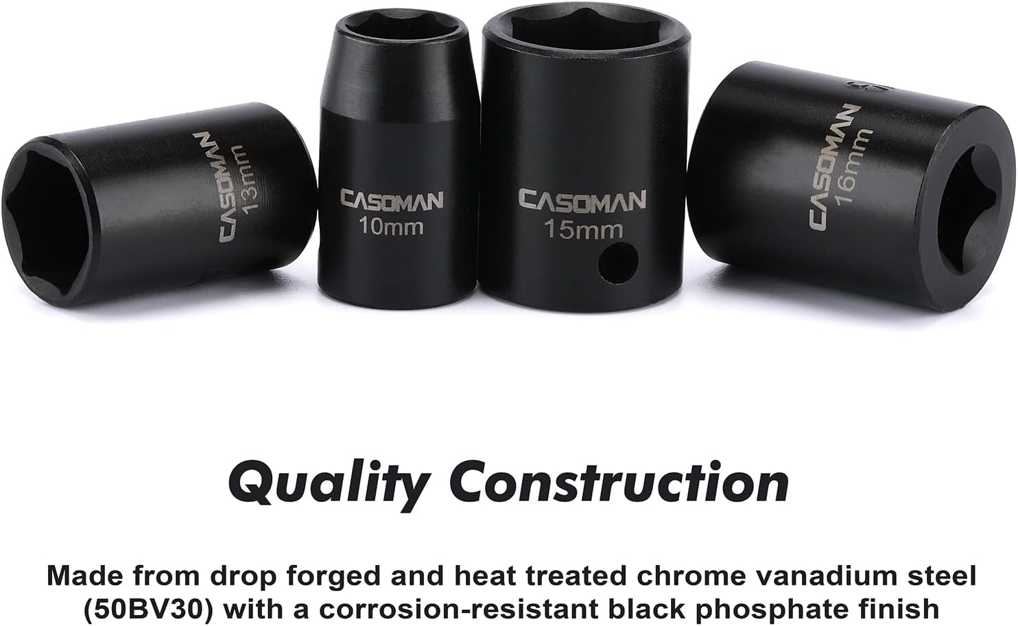 CASOMAN 13 Pieces 3/8-Inch Drive Impact Socket Set, 6-Point, Metric, Shallow, CR-V, 7mm to 19mm, Heavy Duty Blow Molded Storage Case