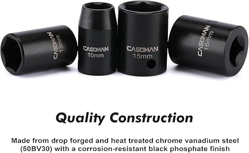 Miniatura 5 de CASOMAN Juego de llaves de impacto de 13 piezas, 38 pulgadas, 6 puntos, métricos, poco profundos, CR-V, 0.276 in a 0.748 in, estuche de