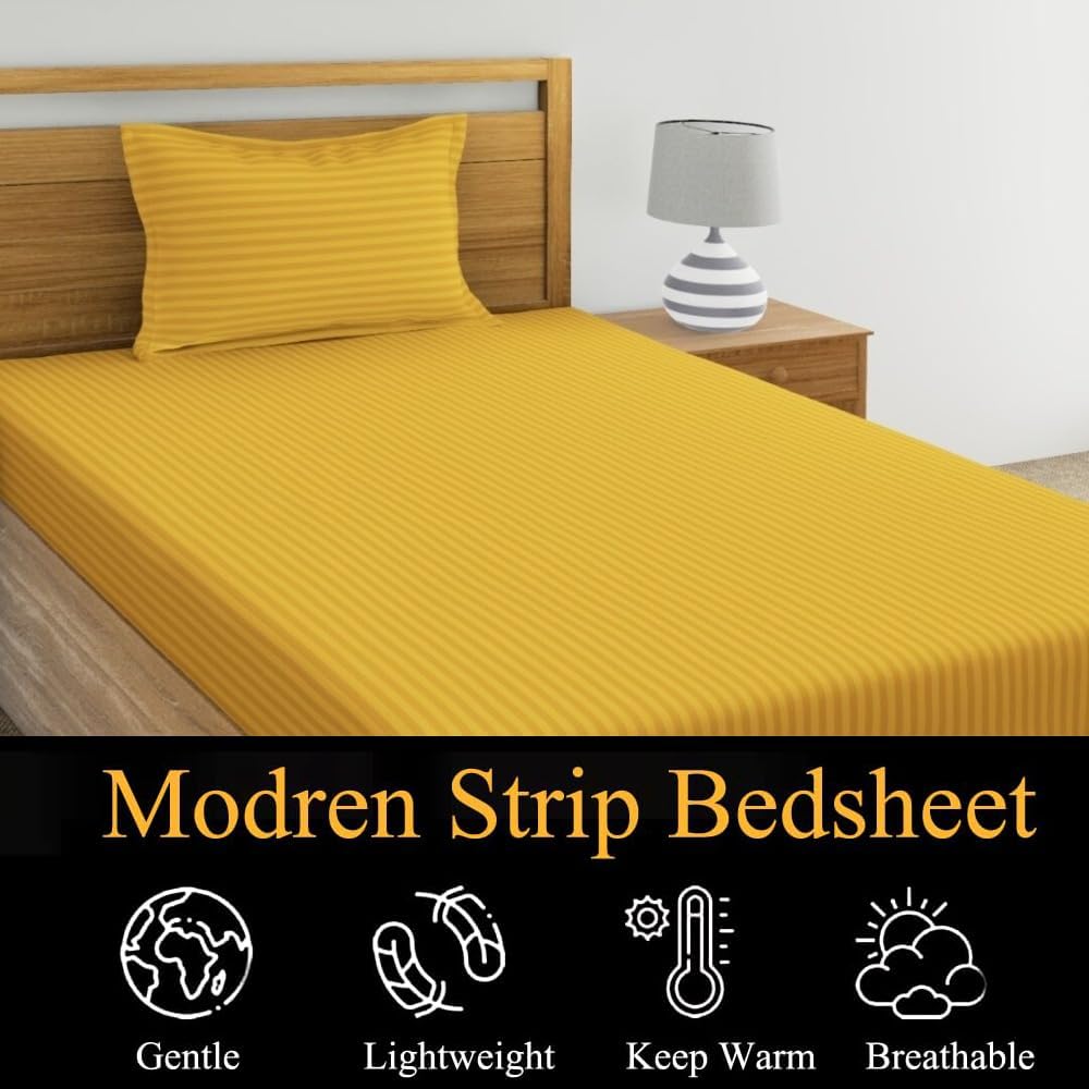KISHORI FABS 210 TC Glace Cotton Plain Stripe Single Bedsheet with One Pillow Cover for Home Hotel (60X90) Inch (Yellow)