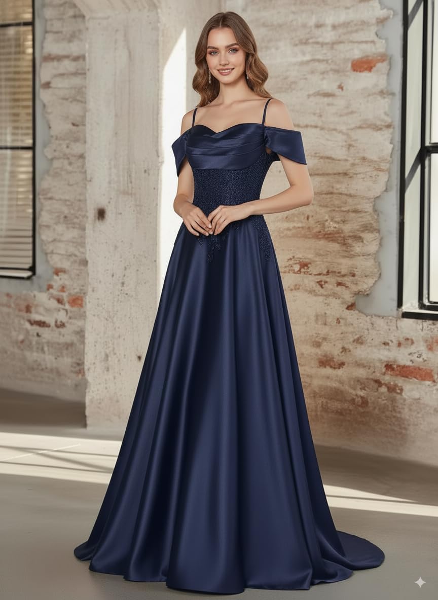 Off The Shoulder Ball Gown Lace Appliques Satin Prom Dresses for Women A-Line Evening Gown