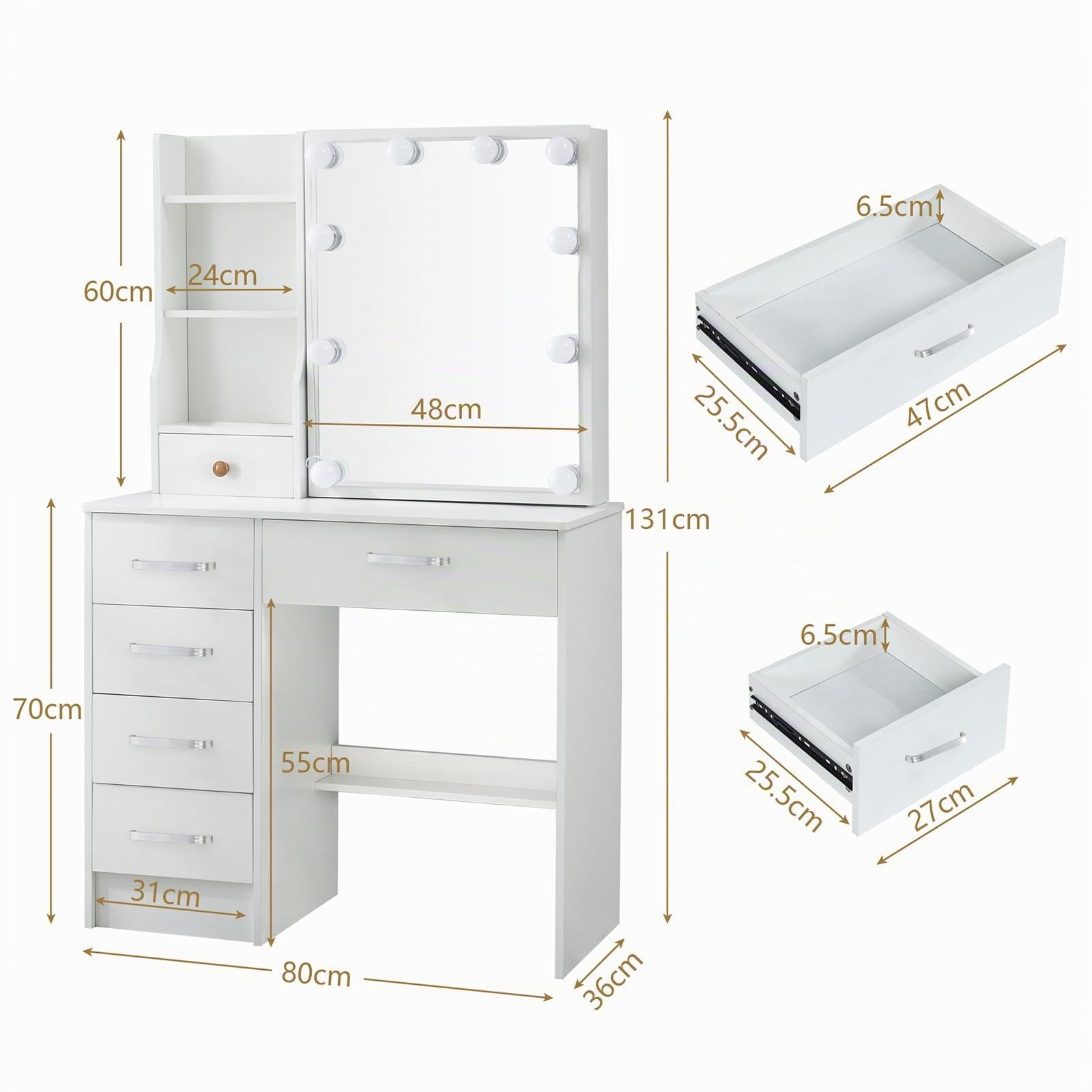 Tocador de Maquillaje con Luces y Espejo, 3 Modos de luz, Tocador con Taburete y 6 Cajones + 6 Estantes, MDF Blanco para Dormitorio, 80x36x130 cm