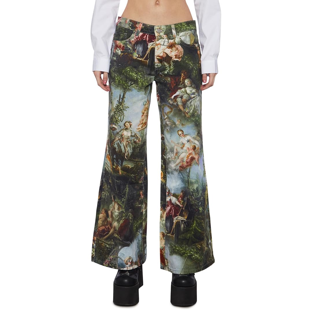 Dolls KillDa Vinci's Demons Wide Leg Jeans by Current Mood – Stretchy Twill, Wide Leg Fit with Renaissance Art Print
