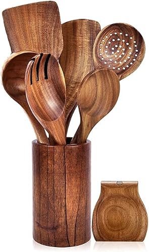 Miniatura 4 de Set Of 9 Kitchen Utensils Essential Cooking Tool Slotted Tuner Serving Spoon Cooking Utensils Set Wood Texture Tool