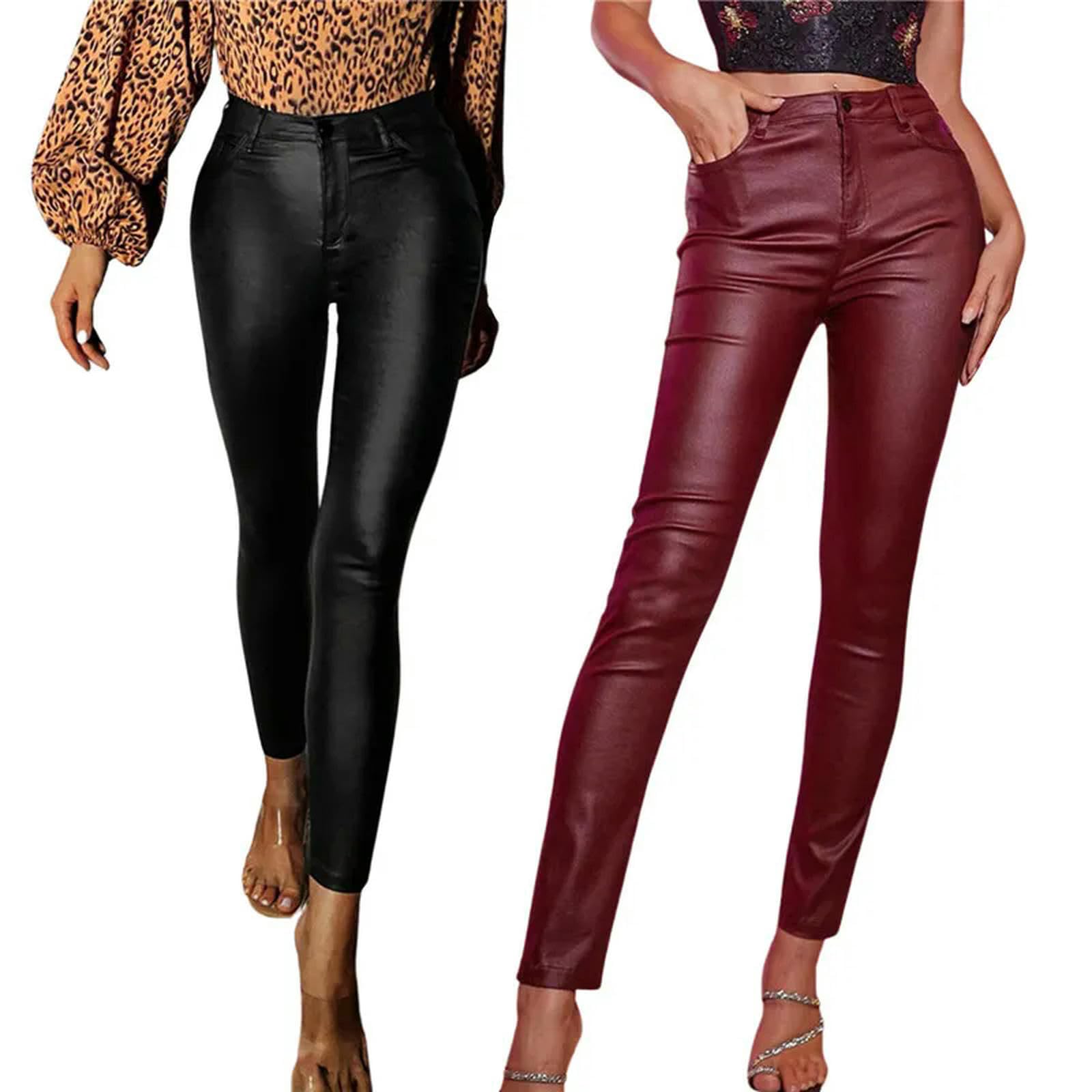 Pantaloni in Pelle PU Pantaloni a Matita Streetwear Tinta Unita a Vita Alta Casual da Donna