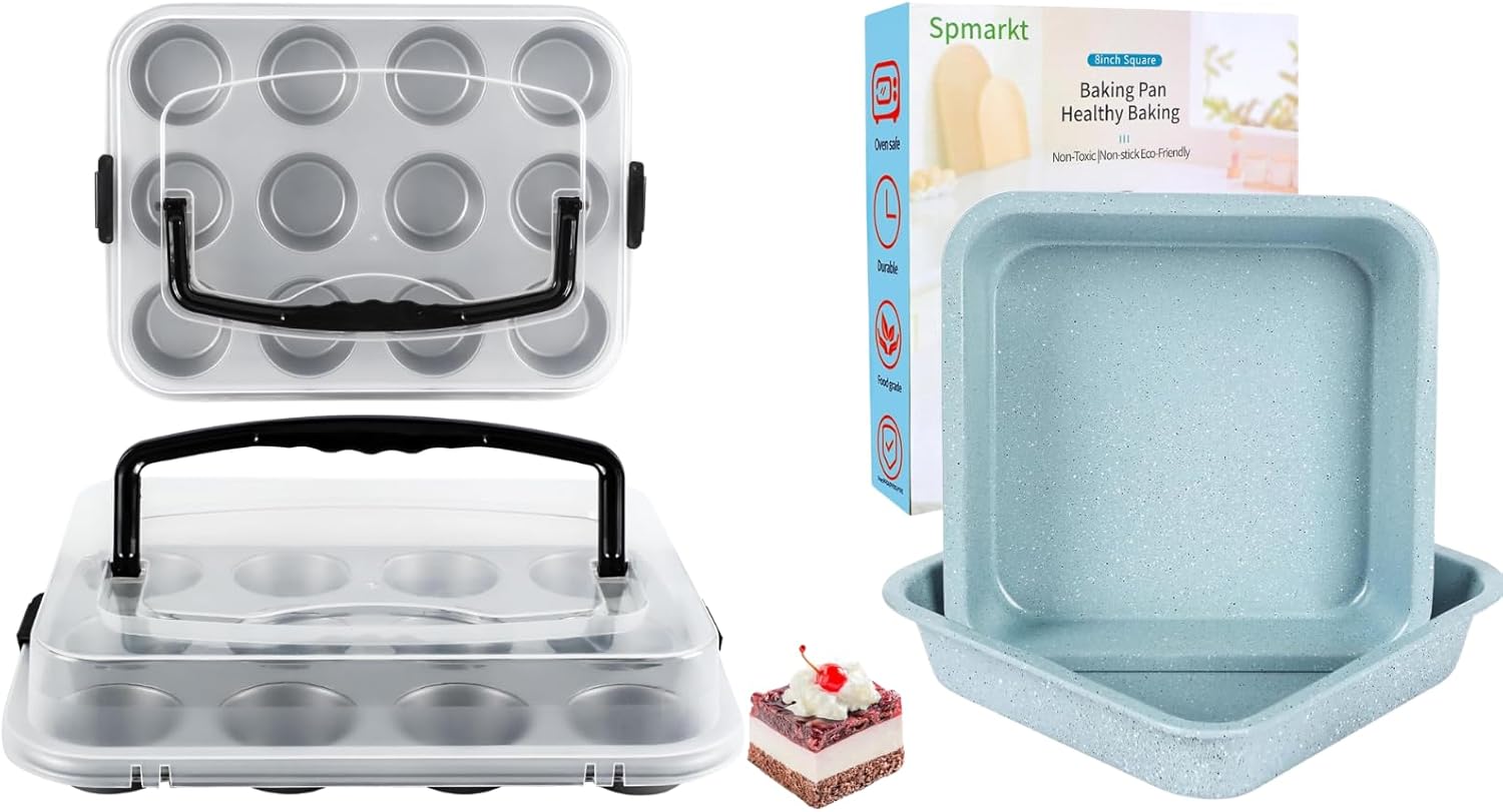 2-Pack Muffin Pan with Carry Lid & 2 Pcs 8 x8 Baking Pan