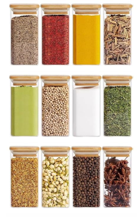 Image of Square Borosilicate Glass Jars with Silcone Seal Airtight Bamboo Lids 330 ml Tea Clear Kitchen Storage Jar with Bamboo Kitchen Canister Set Of 12(12, SQUARE BAMBOO LID GLASS JAR 330 ml -)