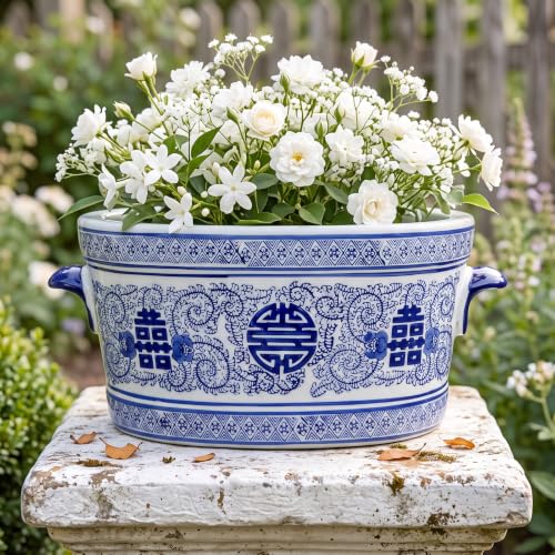 LemonRoad Blue and White Chinoiserie Ceramic Planter, Double Happiness