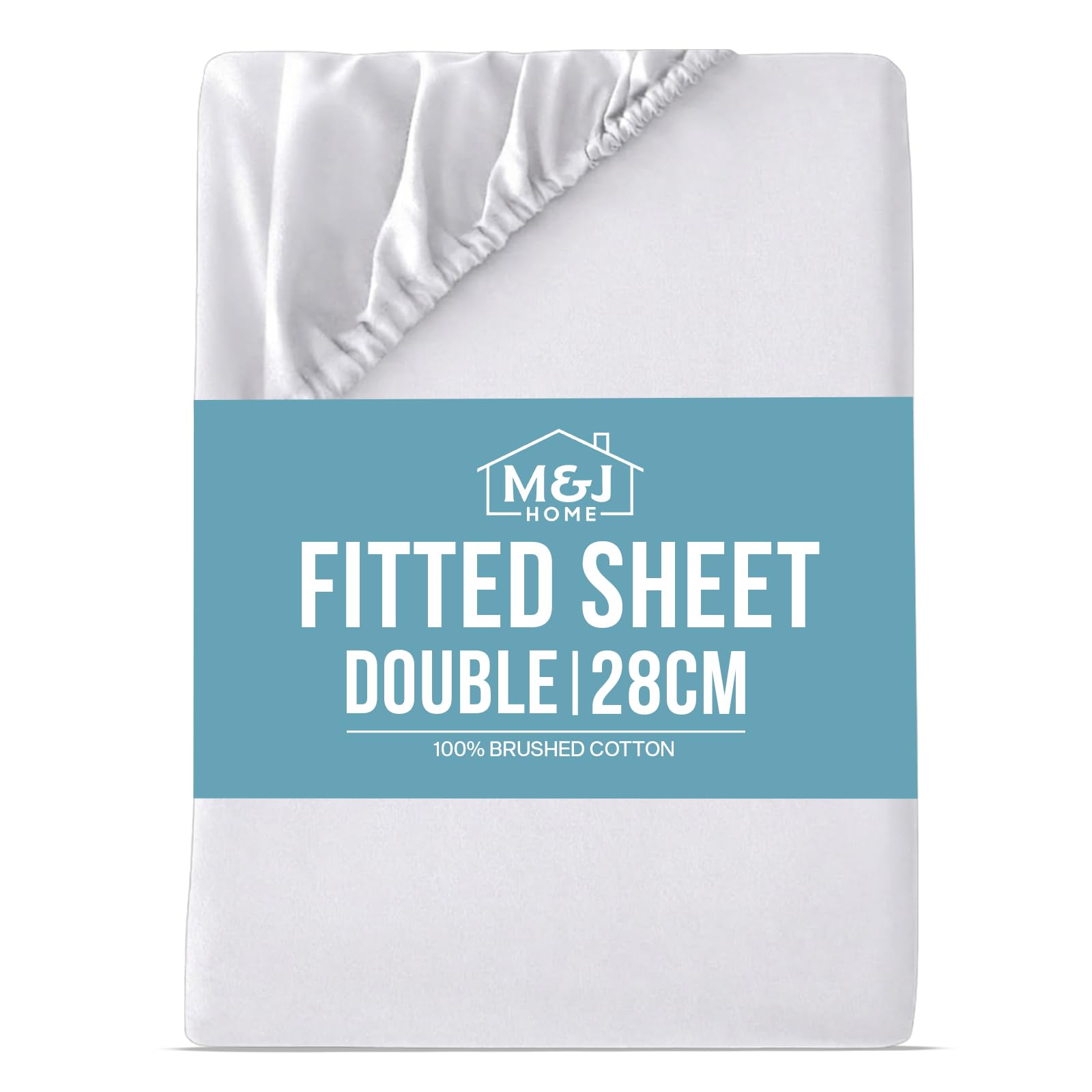 M&J Home Double Bed Fitted Sheet White - Deep Pocket 28cm - 100% Brushed Cotton - 140g Fabric Weight - Thermal Comfort - Machine Washable - OEKO-TEX Certified