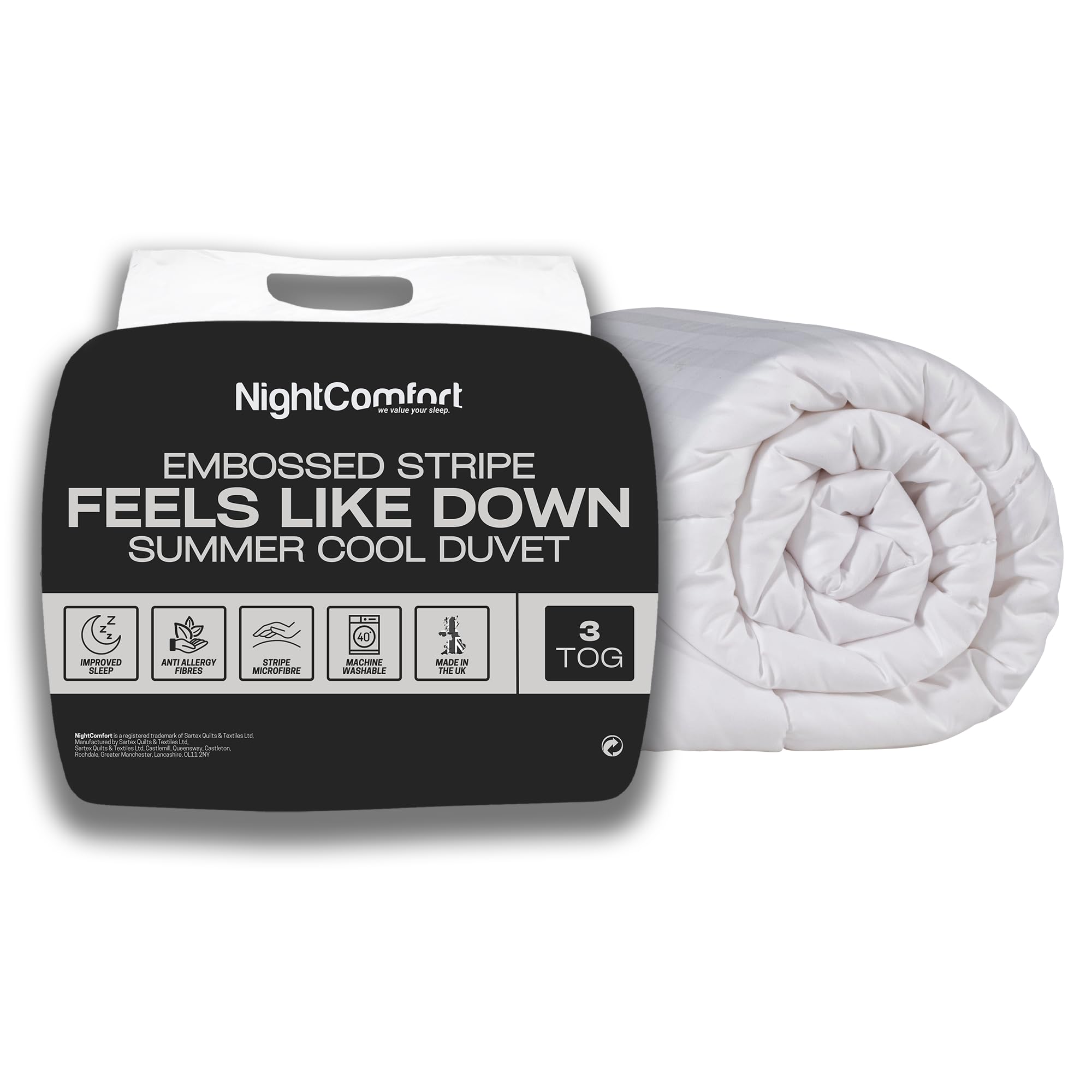 Night Comfort 3 Tog Summer Cool Single Duvet - Hypoallergenic, Anti-Allergy Microfibre Soft Touch Satin Stripe Cover - Feels Like Down Hotel Collection Lightweight Duvet (White, 135cmx200cm)