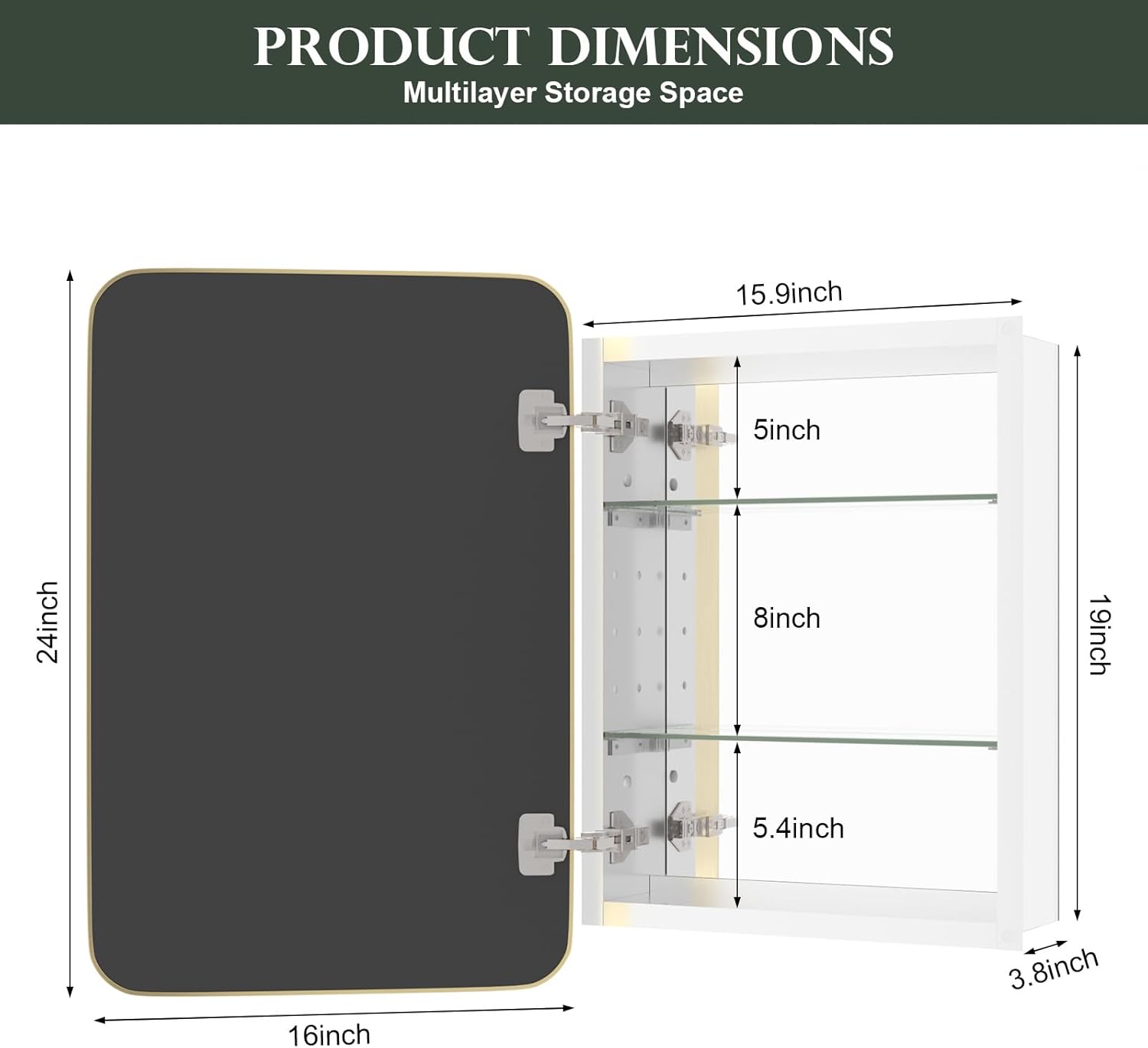 WallBeyond Bathroom Medicine Cabinet with Mirror, 16x24 Inch Gold Recessed Medicine Cabinet with Round Corner Aluminum Alloy Metal Framed. 16x24in Gold