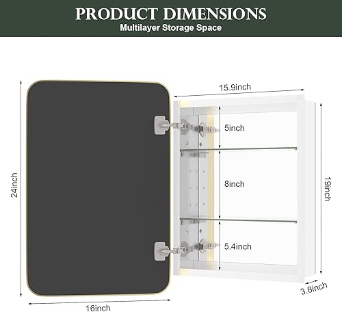 Miniatura 2 de WallBeyond Botiquín de baño con espejo, 16 x 24 pulgadas, gabinete de medicina empotrado dorado con esquina redonda de aleación de aluminio con