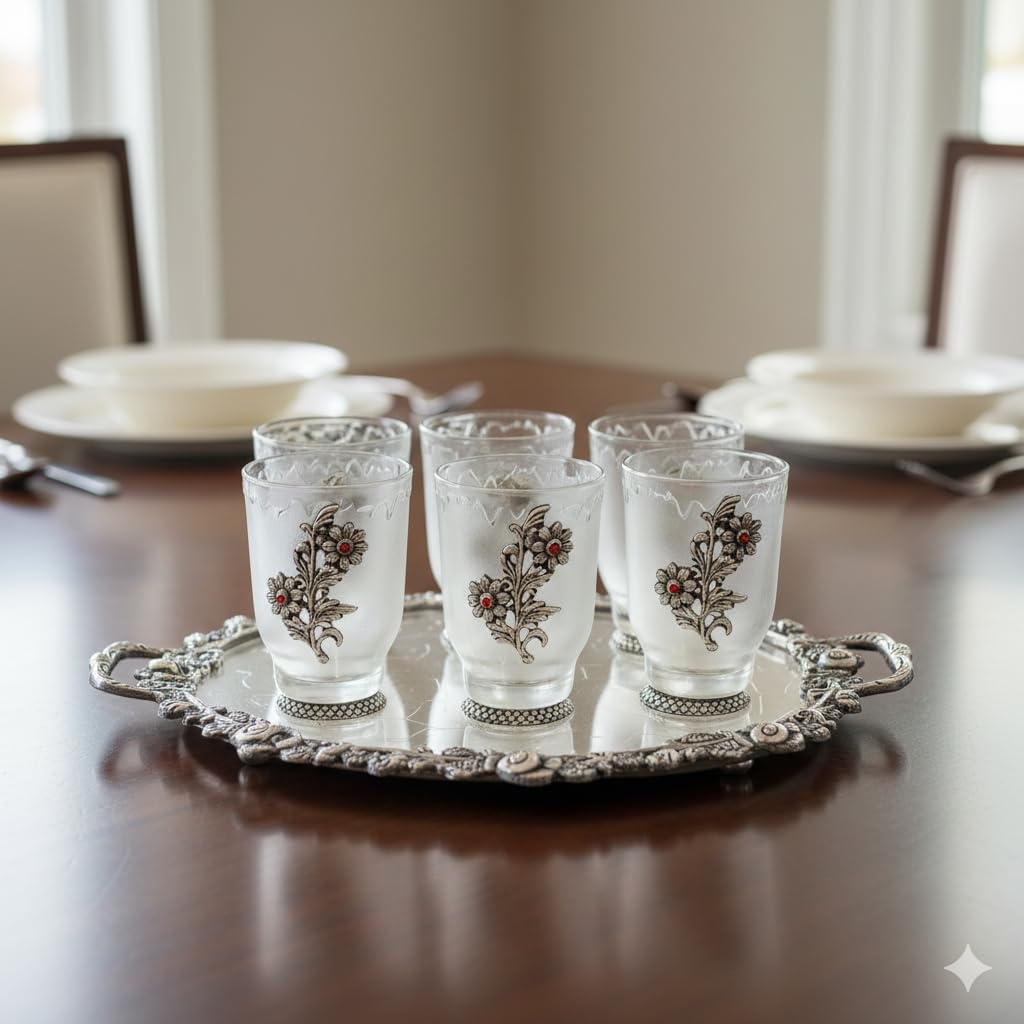 NATRIEL German Silver Glass Set with Decorative Tray, 6 Glasses with Floral Design, Silver Finish, 15 Inch Serving Tray