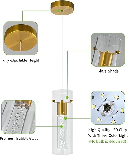 Miniatura 3 de BBLLWJ Lámpara colgante de techo para isla de cocina, luz colgante dorada integrada LED con cristal de burbujas de cristal, luces colgantes modernas