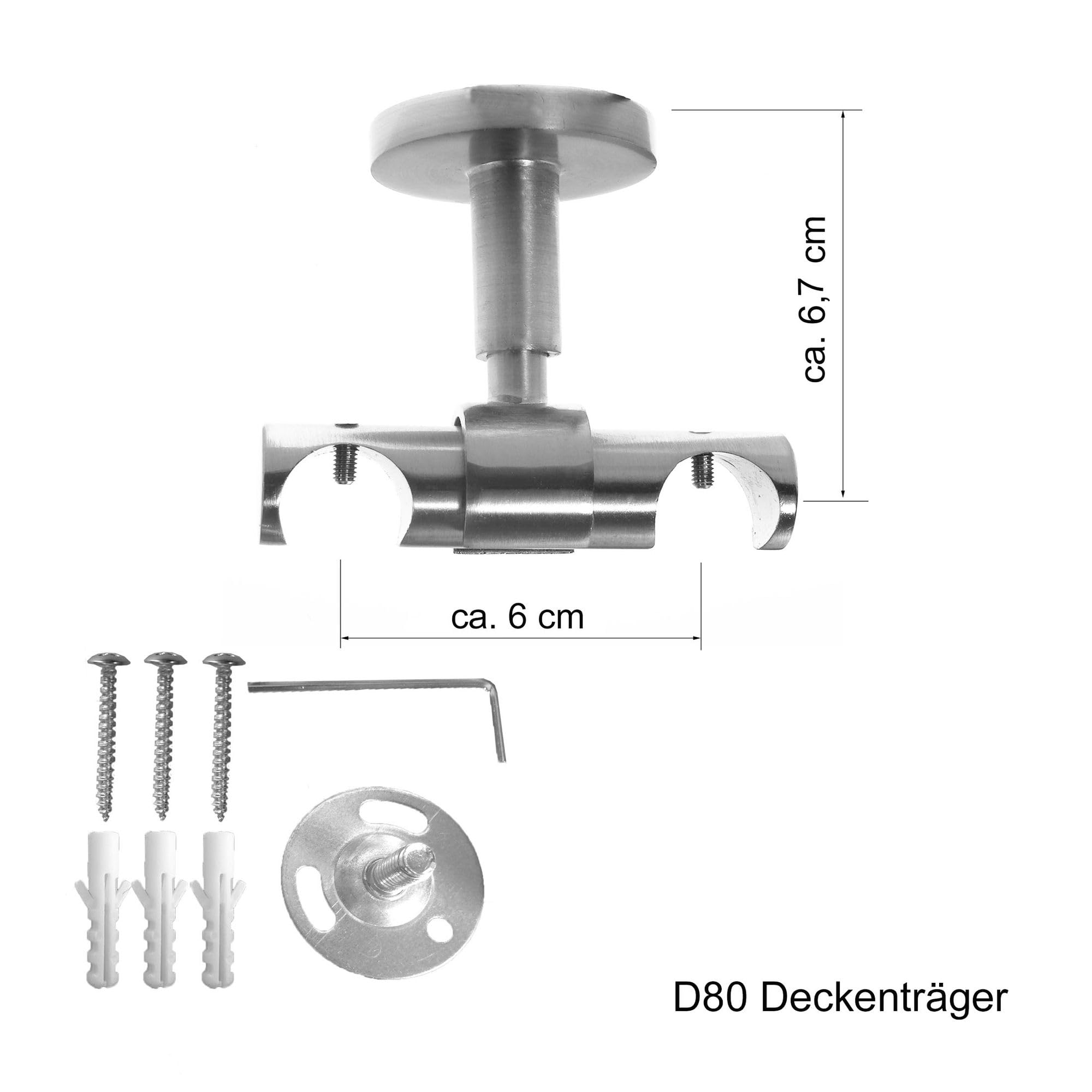 BASIT Gardinenstange Innenlauf Edelstahllook 16mm 2-läufig Decke 160cm D80 | Gardinenstangenset doppelläufig Deckenmontage Metall Vorhangstange Deckenhalterung 120-600cm wählbar Kappe Zylinder E28