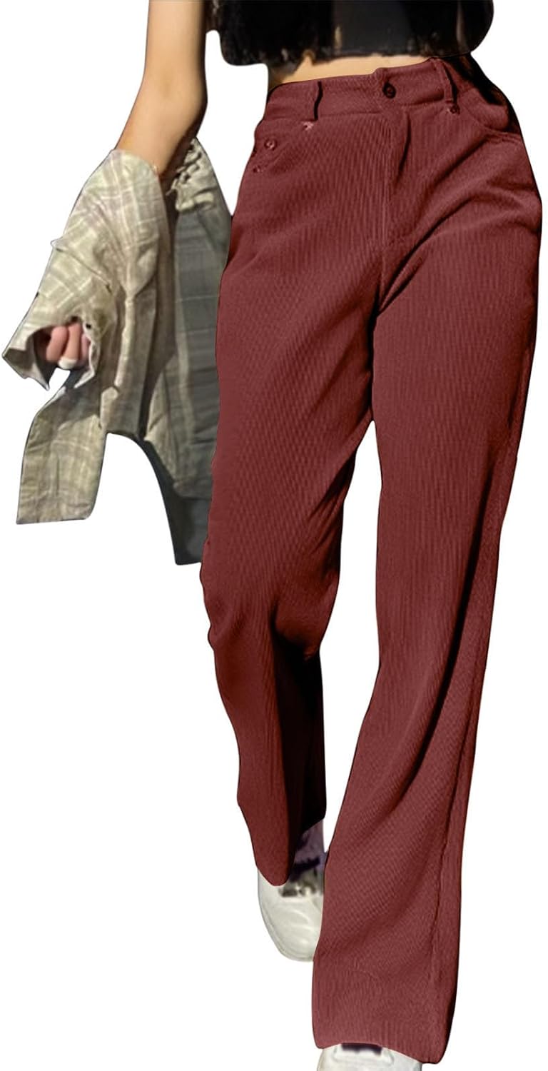Corduroy Pants for Women Wide Leg High Waist Loose Comfy Trousers Casual Soft Cotton Winter Pant with Pockets