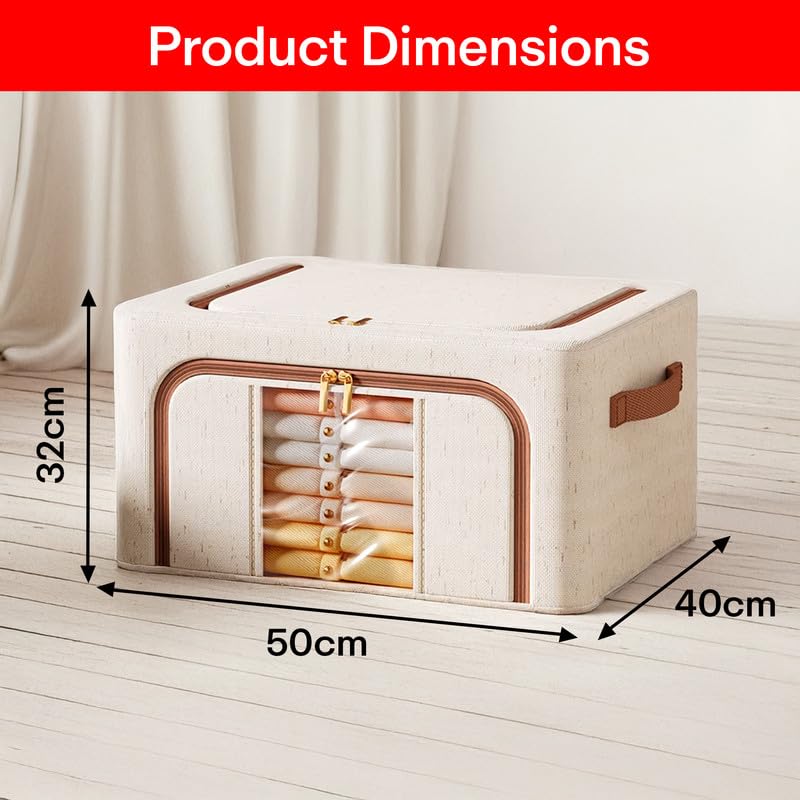 Image of PRIME PICK Storage Box & Cloth Organiser clothes organizer cotton linen Wardrobe Organizer for Storage Foldable Washable Box with Lid Metal Frame & Handles Ideal for Almirah Drawer