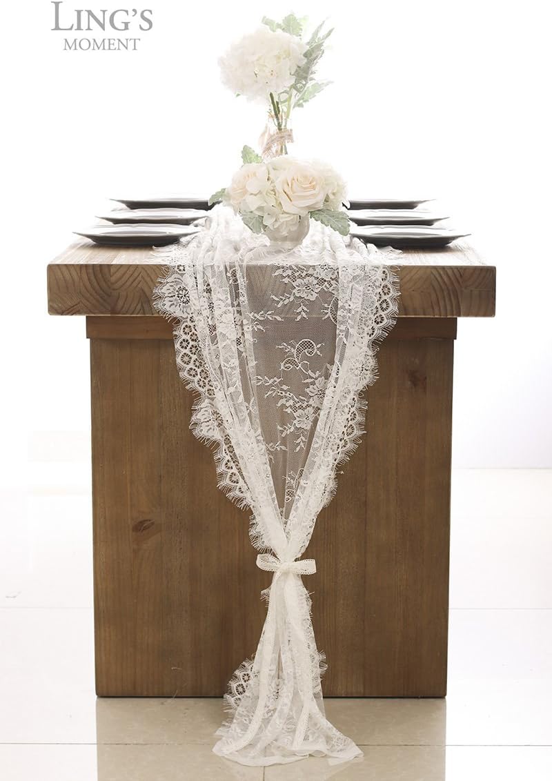Ling's moment White Floral Lace Table Runner 32 x 120 Inches for Rustic Country Wedding Party, Bridal Shower, Baby Shower, Candlelight Dinners