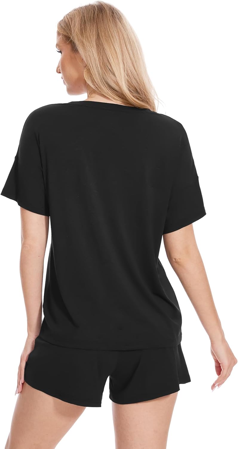 LazyCozy Striped Pajama Set for Women, Viscose Made from Bamboo, Short Sleeve Shirt with Sleep Shorts Soft PJ Set - Image 2