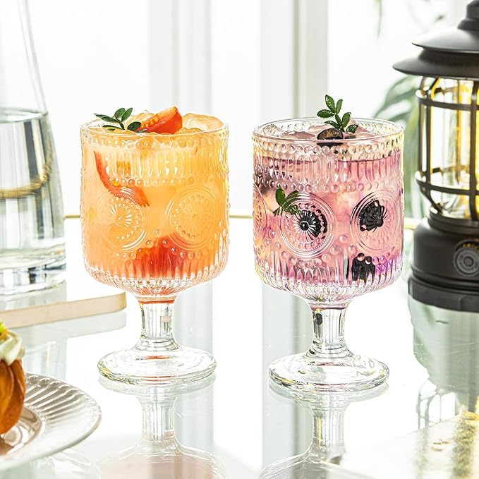 Image of PrimeWorld Vintage Goblet Glasses Set of 6 | Embossed Floral Decorative Glass Cups | Elegant Wine & Mixed Drink Glasses for Parties, Bars, Restaurants & Dining