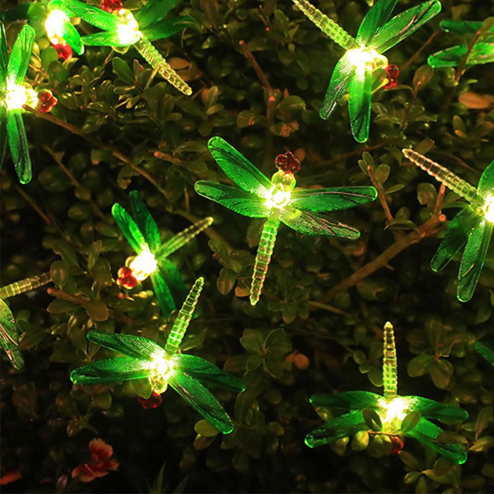 Treer Solar Powered Garden Lights, Solar Outdoor Dragonfly Fairy Lights, Outside IP55 Waterproof Garden Ornaments Outdoor LED String Lighting for Patio Yard Party Wedding (Green,7M, 50 Lights)