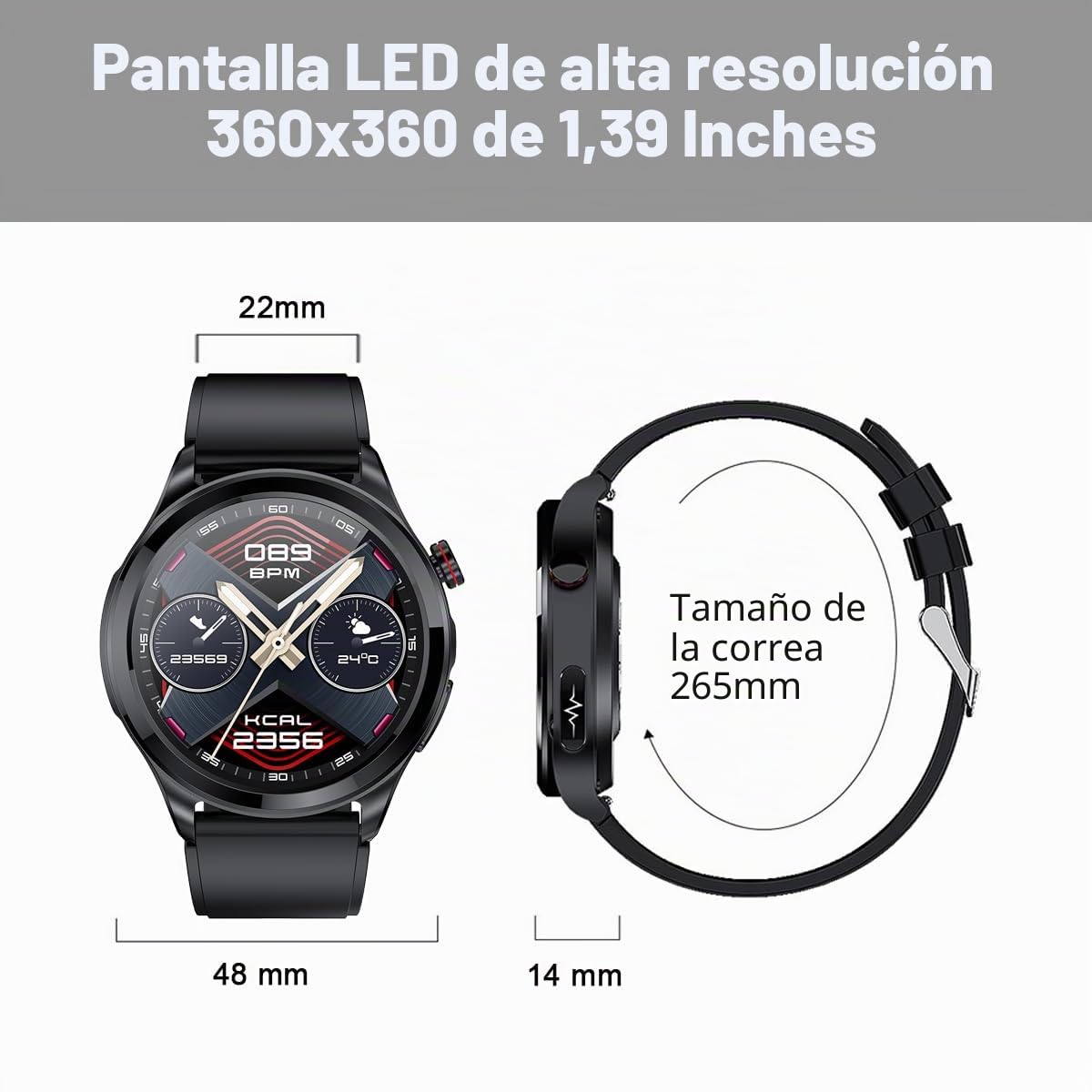 Reloj Inteligente ECG, 1,39 Pulgadas Impermeable Smartwatch con Presión Arterial, SpO2, Frecuencia Cardíaca, Mensajes y Recordatorio de Llamadas para Android iOS (Negro, TPU 22mm)