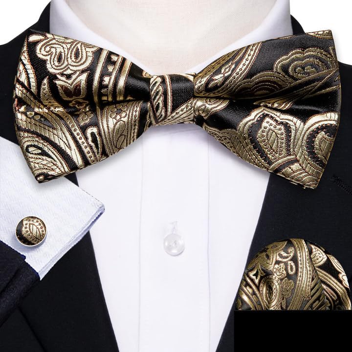 Image of YOHOWA Mens Bow Tie Set Paisley Coloful Pre-tied Bowties Adjustable with Handkerchief Cufflinks Wedding Prom Party