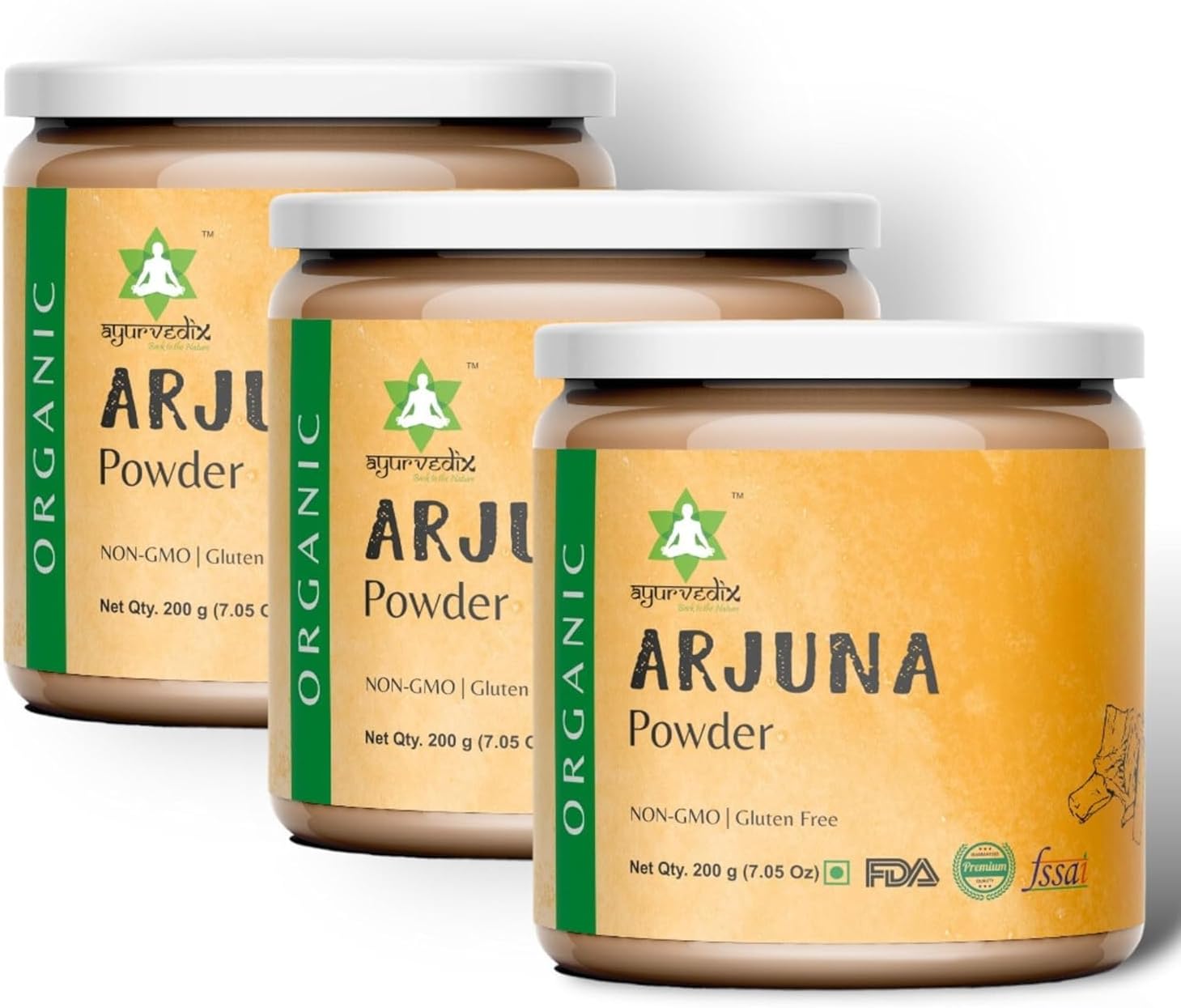 Ayuvedix Organic Arjuna Bark Powder, Arjunal Chhal Herbal Supplement, Non-GMO, Vegan Herbal Powder - (200gm/7.05oz, Pack of 3)