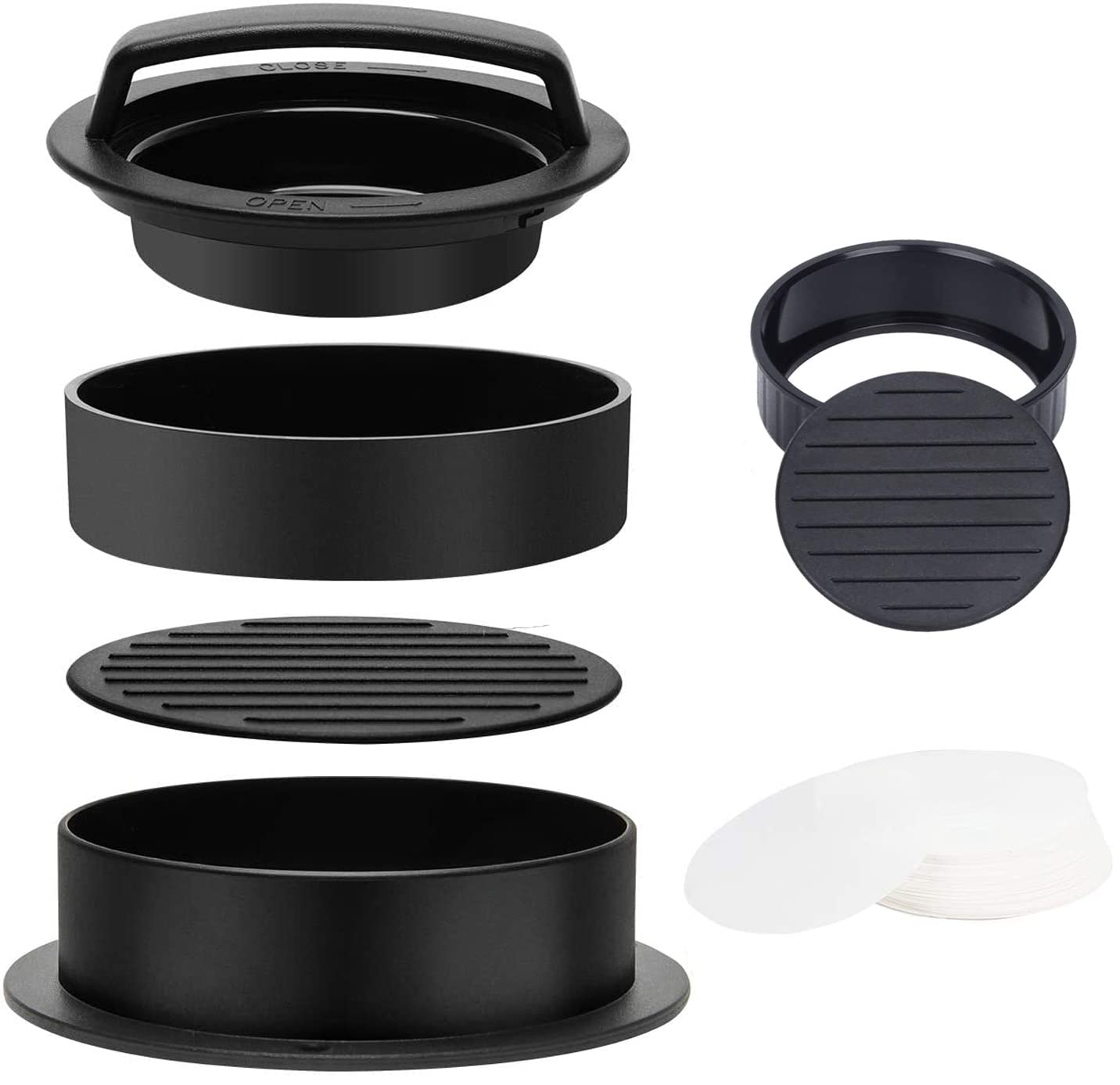 Skoye 3 in 1 Burger Press, Hamburger Patty Maker Stuffed Burgers Press with 200pcs Burger Paper for BBQ Non-Stick Sliders Beef Burger Press