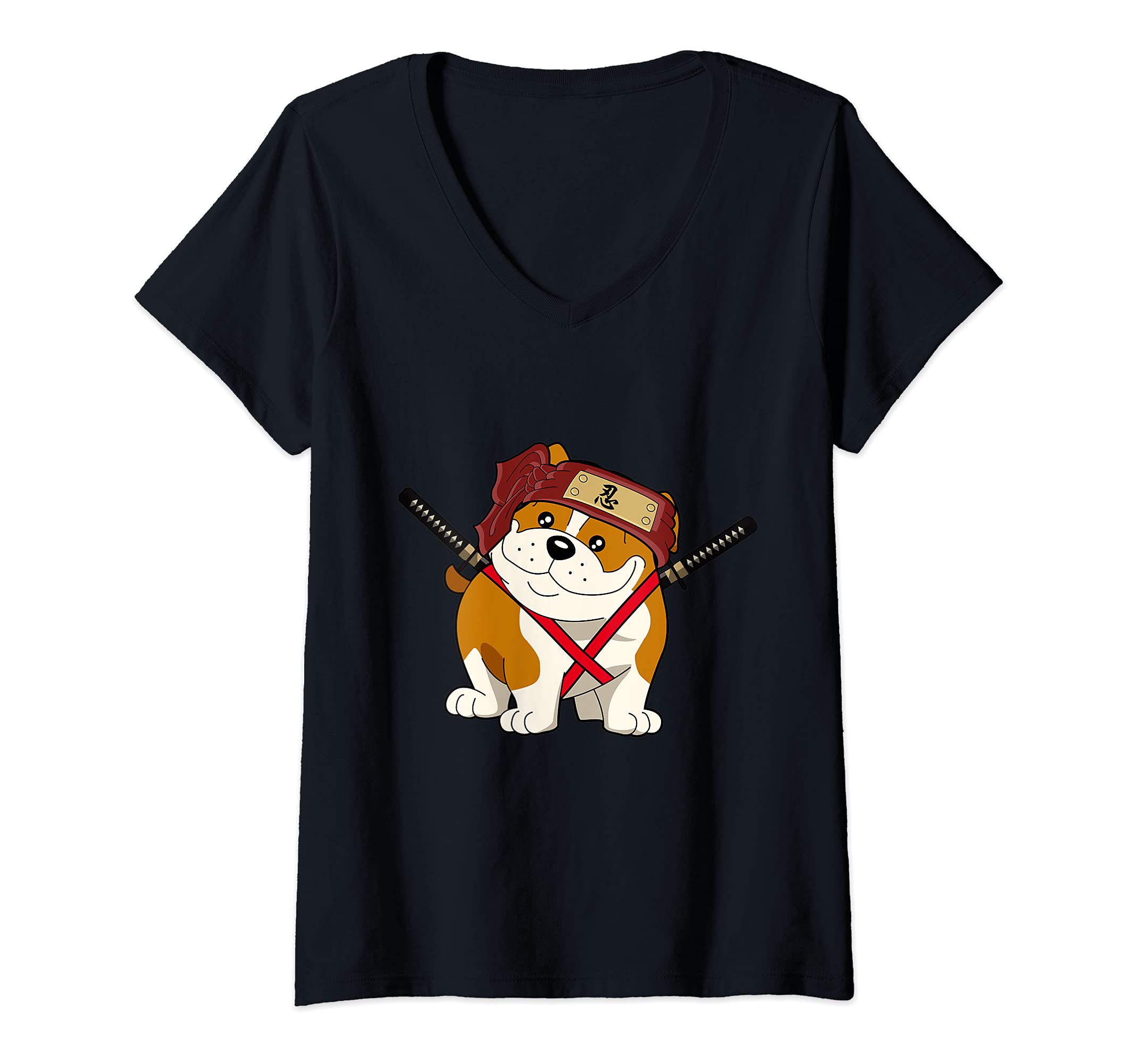 Womens Ninja Bulldog Dog Cute Japanese Anime Easy Halloween Costume V-Neck T-Shirt, Black