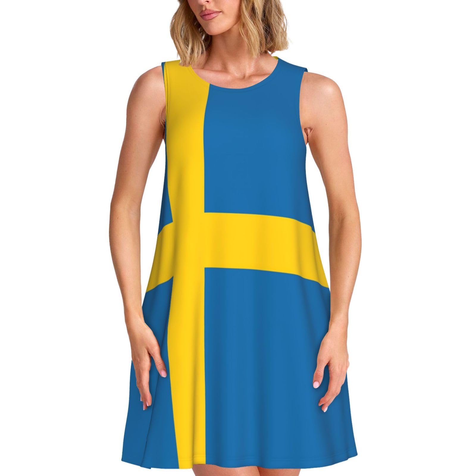 Swedish Flag Print Stylish Summer Dress for Women,Sleeveless A-Line Sundress with Pockets, for Beach Vacation, Black, 3XL