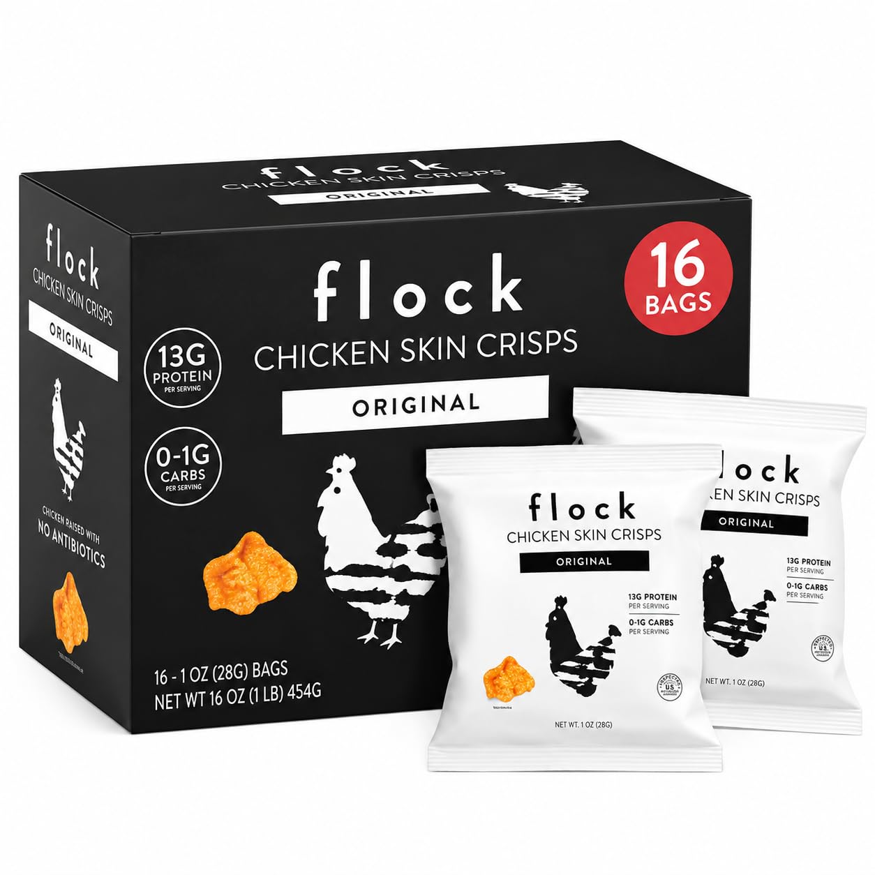 Flock Chips de pele de frango sabor Original, 16 pacotes de 28 g