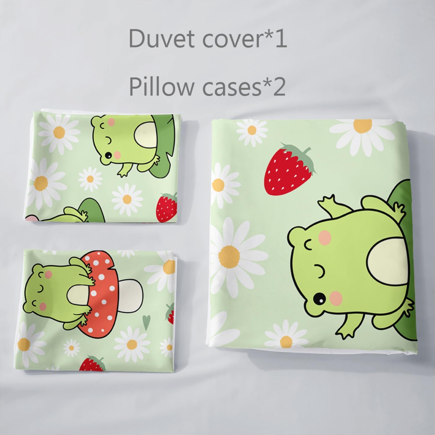 AILONEN Cute Frog Kids Duvet Cover Set, 3 Pieces Queen Size Bedding Set, Strawberry Pattern Comforter Cover Set, 1 Quilt Cover and 2 Pillowcases