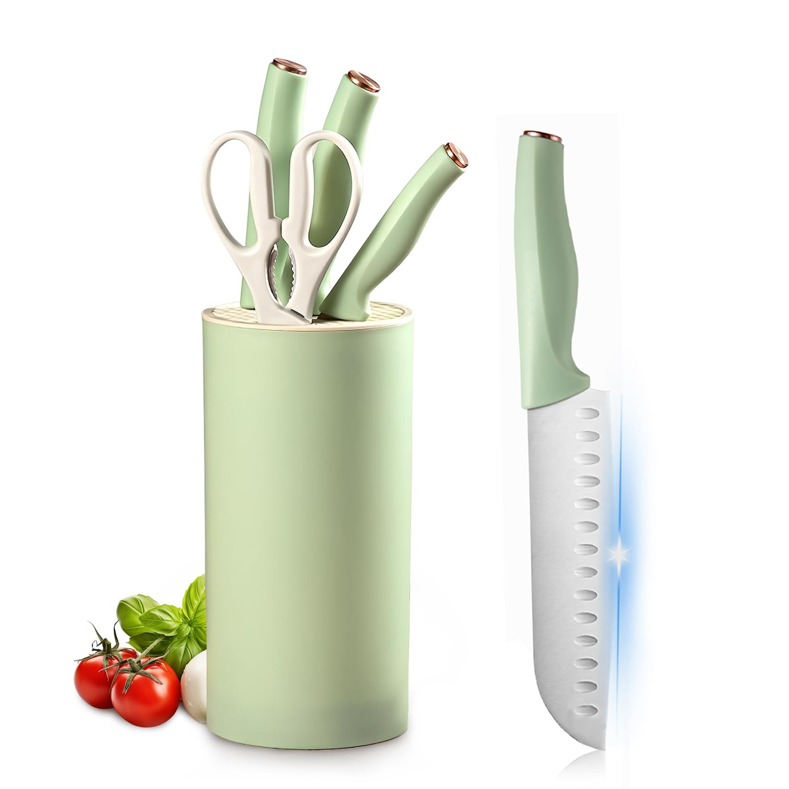 Kitchen Knife Set, Retrosohoo 5-Pieces Green Sharp Chef Knife Set with Universal Knife Block,Non-Stick Stainless Steel Cooking Knife Set with Sharpener Scissors for Cutting Slicing Dicing (Green)