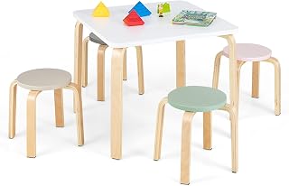 INFANS Kids Wooden Table and Stool Set, 5-Piece Activity Table with 4 Stools for Toddler Building Block Drawing Reading Art Crafts, Children Natural Furniture Set for Playroom Kindergarten Classroom