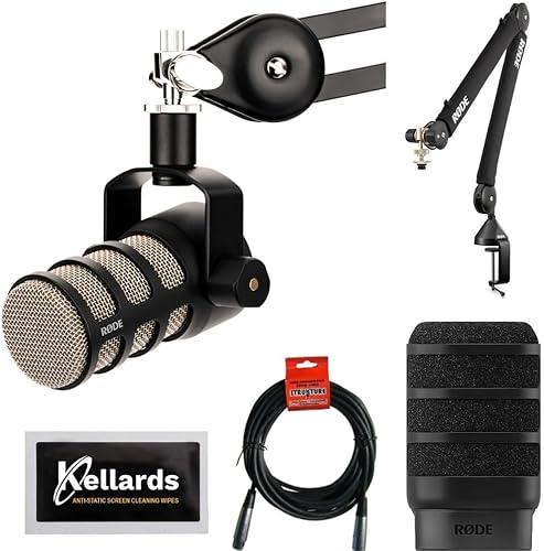 Rode PodMic - Paquete de micrófono dinámico con brazo Rode PSA1+ Pro Studio, filtro RODE WS14 Pop para PodMic (negro), cable XLR- XLR, toallitas de
