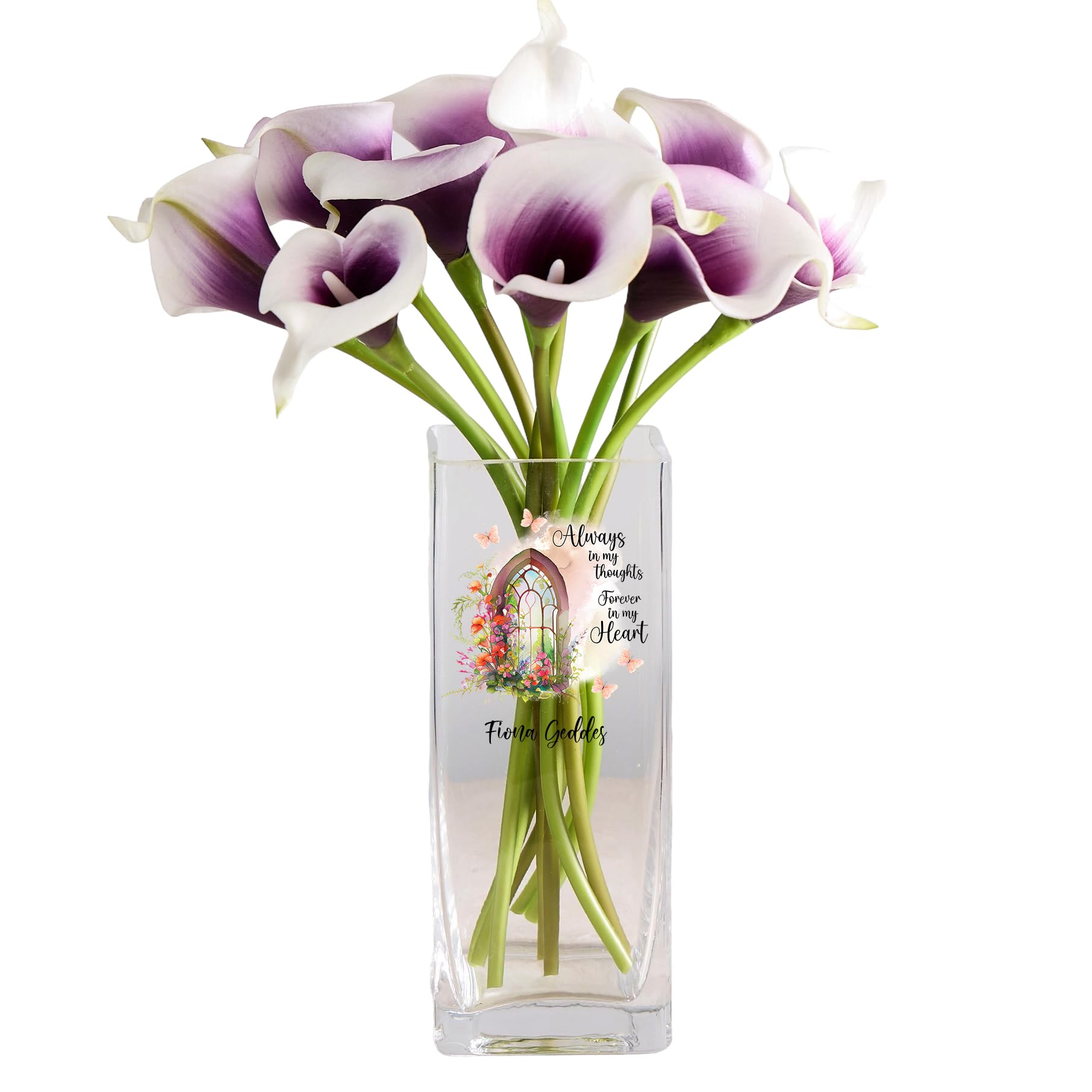 Personalised Memorial Flower Vase, 20 cm Height, 8 cm Diameter, Thick Heavy Glass, Customised Message (Always In My Thoughts)