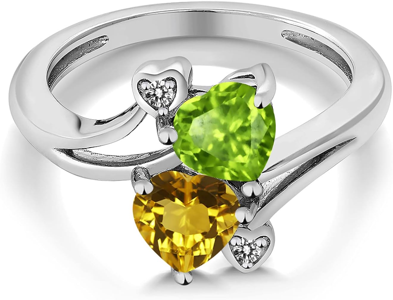 Gem Stone King 1.56 Cttw Green Peridot Yellow Citrine and White Diamond Ring For Women | 925 Silver | Heart Shape 6MM | Gemstone Birthstone | Wedding Engagement Anniversary Ring For Women