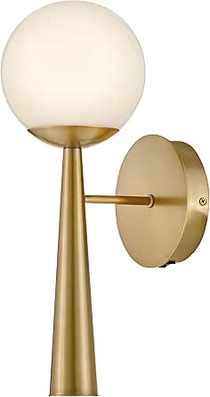 Lark Izzy Single Light Wall Sconce, Mount Up or Down, Cased Opal Glass Globe, On/Off Switch, Lacquered Brass