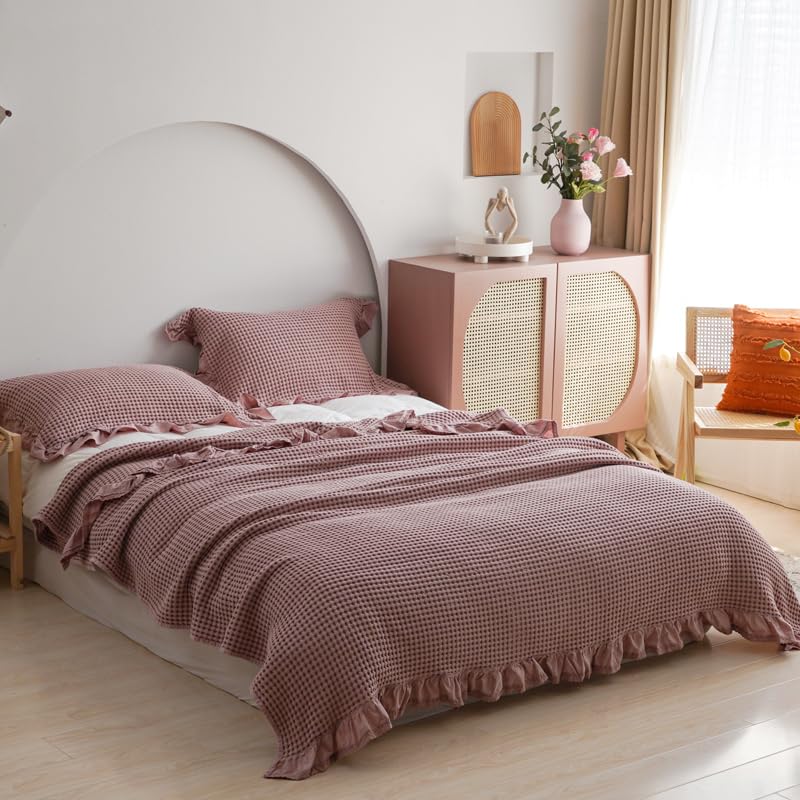Waffeldecke aus 100% Baumwolle, Rosa, 200x230 cm, mit Rüschen, Ganzjahresdecke für Bett und Sofa (Nussbraun‑Rosa, 200 * 230cm)