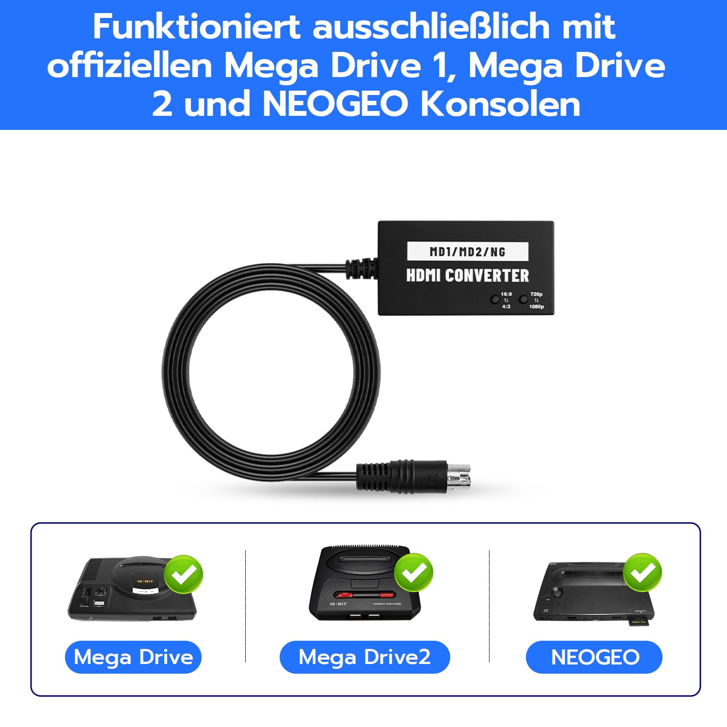Mcbazel Nahtloser Mega Drive/NEOGEO HDMI-Adapter für HDTV, Multifunktions-Videokonverter 4:3/16:9, 720P/1080P für Mega Drive 1/Mega Drive 2/NEOGEO
