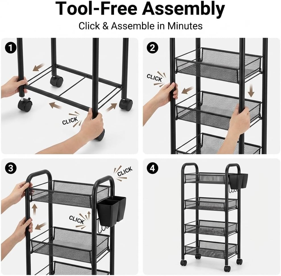 5 Tier Slim Fruit Basket, Stackable Vegetable Storage Cart for Kitchen, Metal Wire Fruit Basket Organizer On Wheels, Rolling Produce Pantry Snack Rack for Fruits, Potato, Onion, Snacks