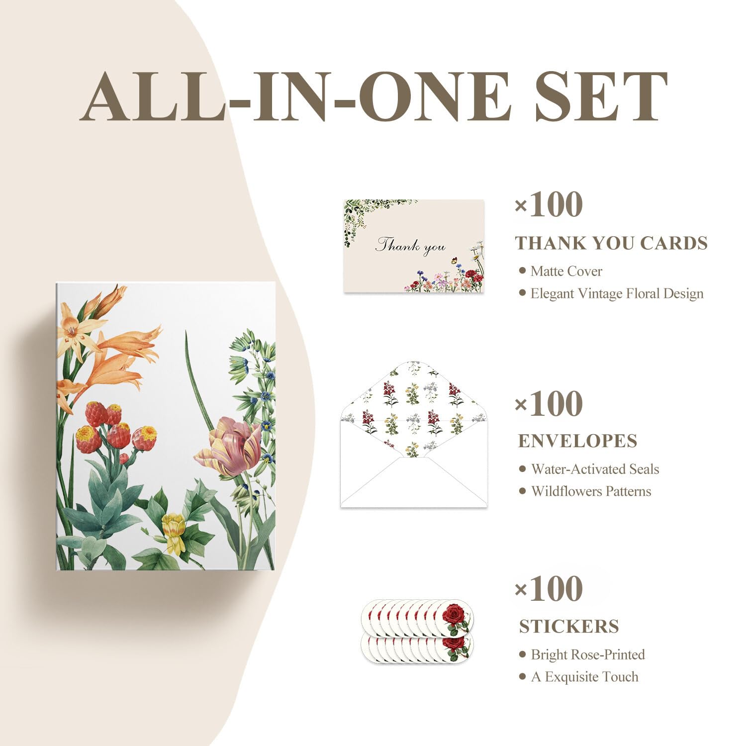 Paquete de 100 tarjetas de agradecimiento de flores vintage de 4 x 6 pulgadas con sobres, elegante diseño floral, tarjetas de agradecimiento en blanco a granel para cumpleaños, boda,