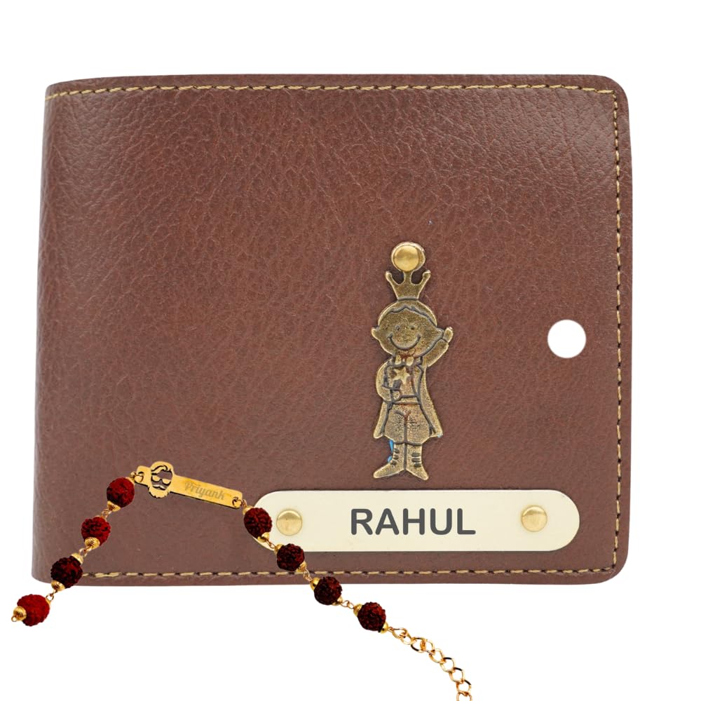 customized leather men wallet with rakhi with name engrave | personalized raksha bandhan gift set for brother | leather wallet and rakhi with name and charm (brown)