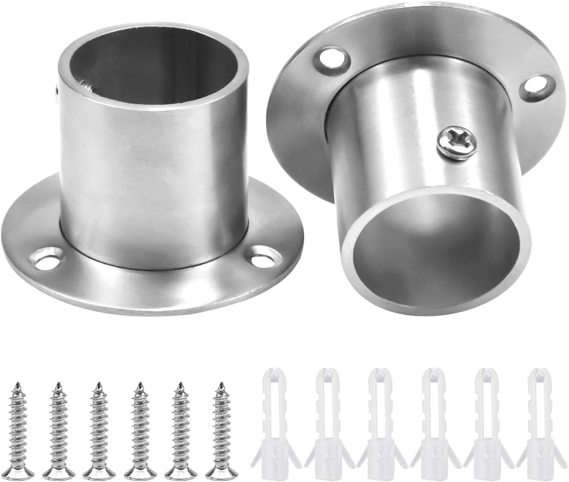 2 Pcs 32mm Wardrobe Pipe Bracket with 12 Holding Screws, Adjustable Stainless Steel Rod Socket Flange Set, Wall Mount Hanging Rail End Supports, Heavy Duty End Bracket for Closet Curtain (Silver)