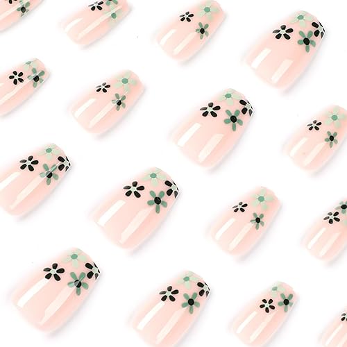 Miniatura 2 de JP2019 - 24 uñas postizas cuadradas de punta francesa de ataúd mediano, diseño de flores rosas y verdes, uñas adhesivas gruesas de cobertura