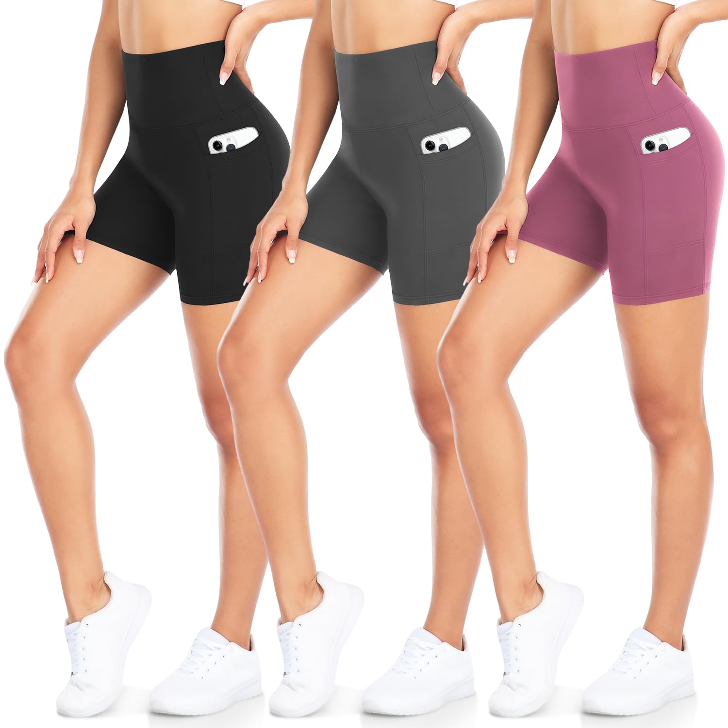 DHSO 3 Pack Biker Shorts for Women-5" High Waist Soft Summer Womens Shorts Spandex Workout Shorts for Running Athletics