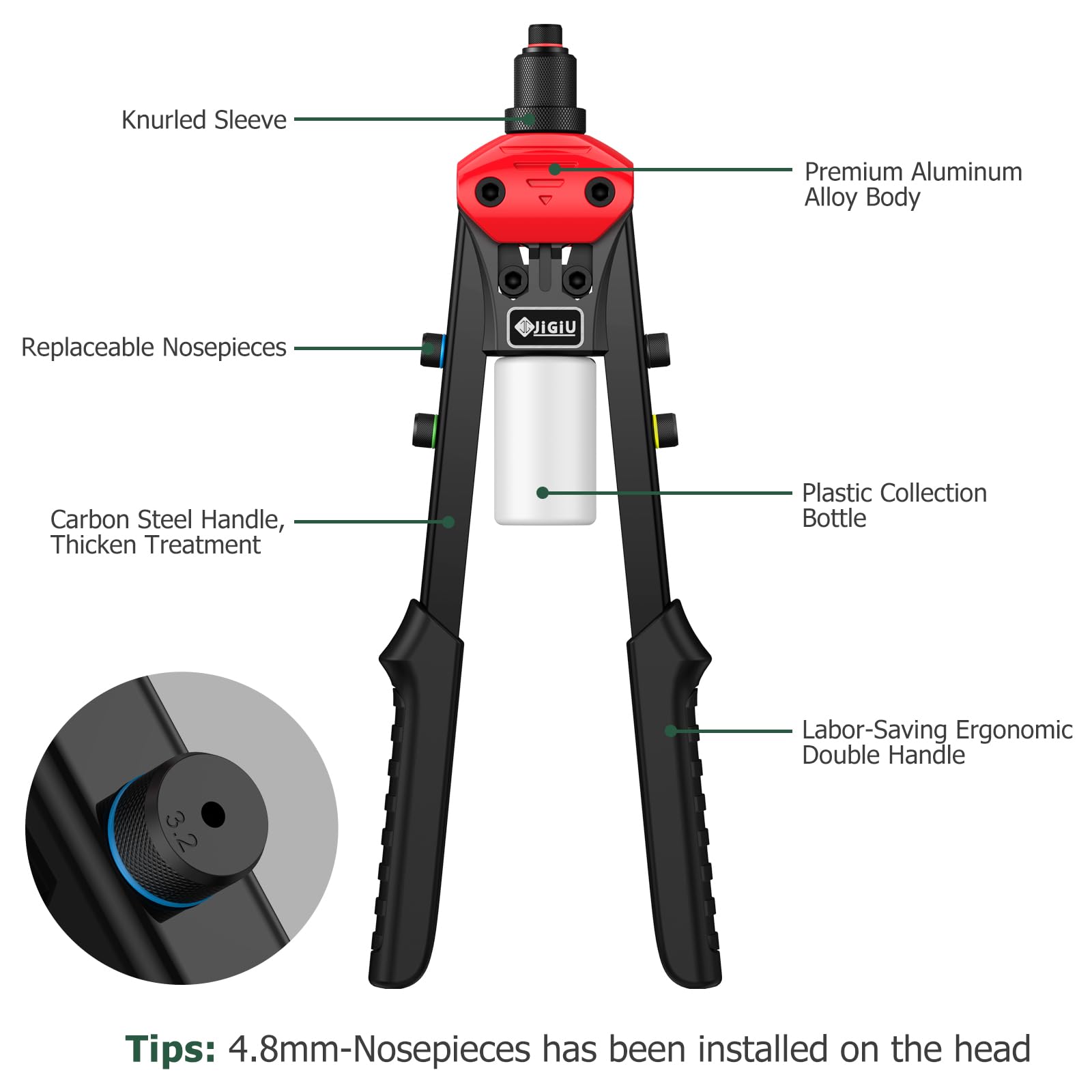 JiGiU 13.3" Professional Rivet Gun with 200 Rivets Ergonomic Double Handle Pliers and 5 Interchangeable Tip Pieces (2.4mm/3.2mm/4mm/4.8mm/6.4mm)